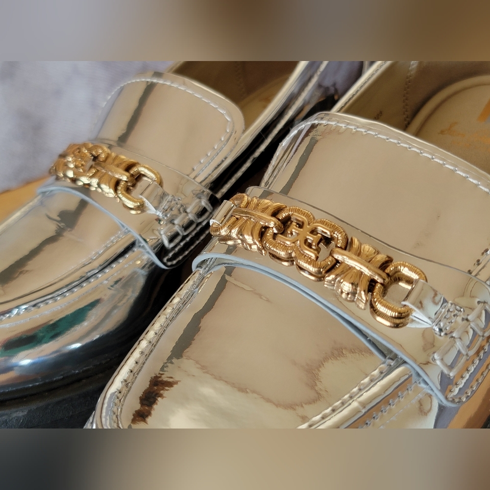 Sam Edelman Kids Sz 2 Teo Platform Metallic Silver Loafers with Gold Chain - Picture 8 of 16